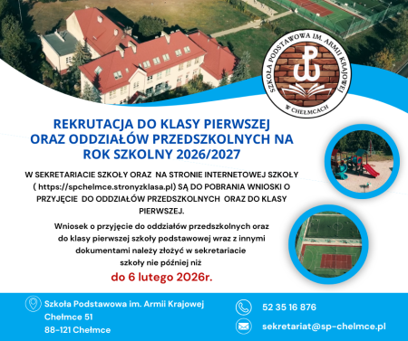 Rekrutacja do oddziału przedszkolnego i klasy 1 na rok szkolny 2026/2027